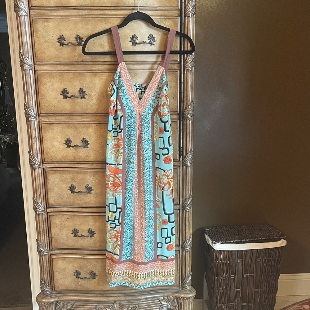 Hale Bob Vibrant Orange and Blue Midi Dress